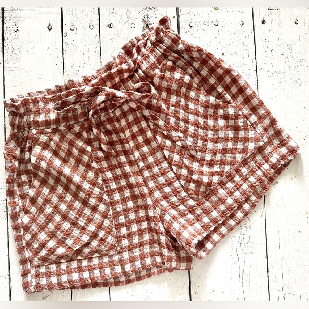 Thread and Supply orange and white plaid shorts